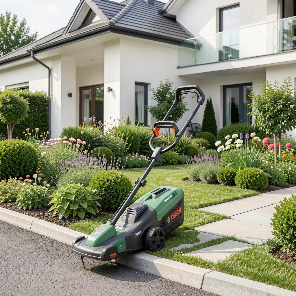 Bosch акумулаторски тример за траву у употреби уз камену ограду у добро уређеној приватној башти